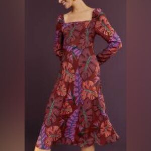 Farm Rio Red Delicate Leaves Midi Dress Sz S